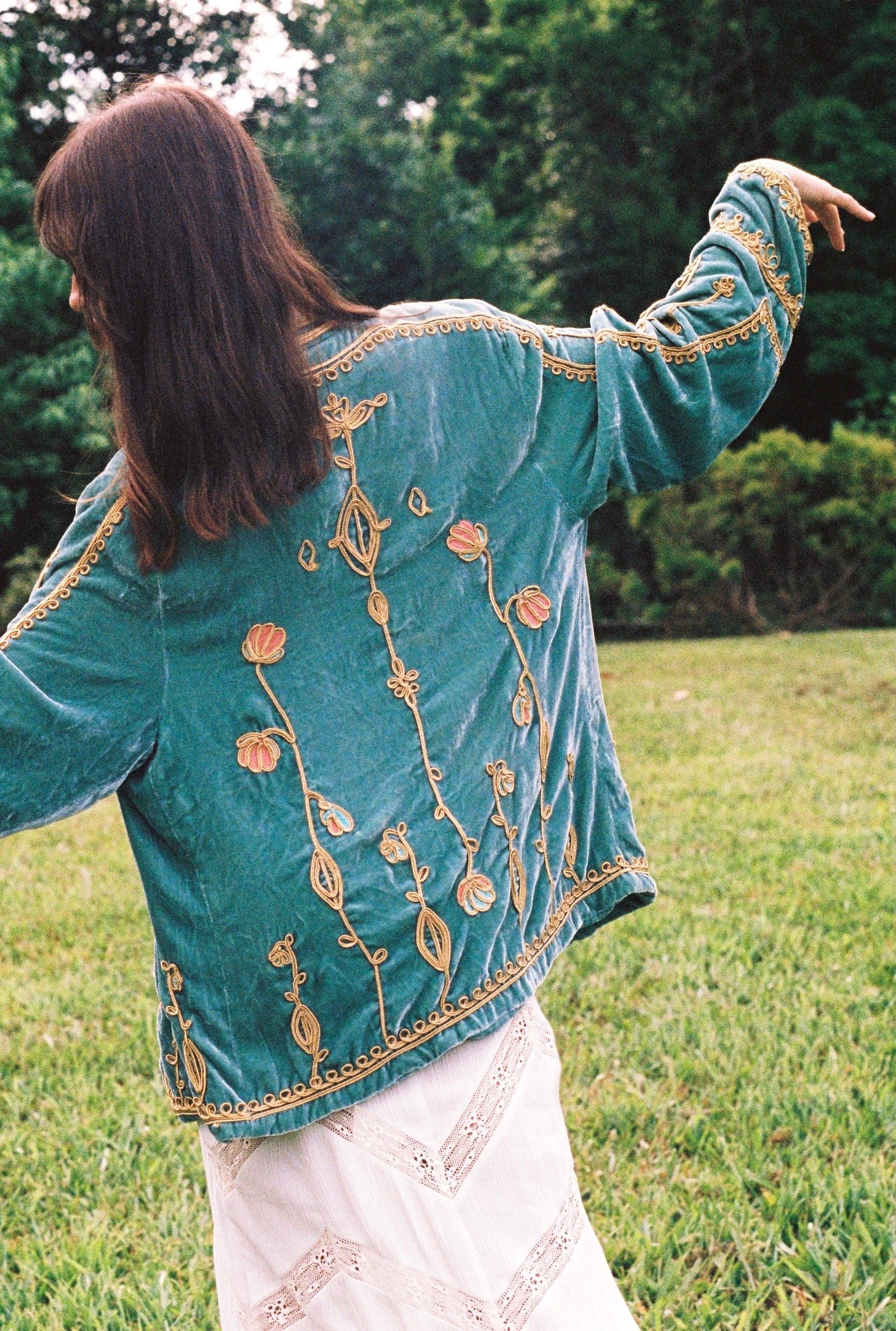 Midnight in the Garden Jacket ~ Teal – Golden Brown The Label