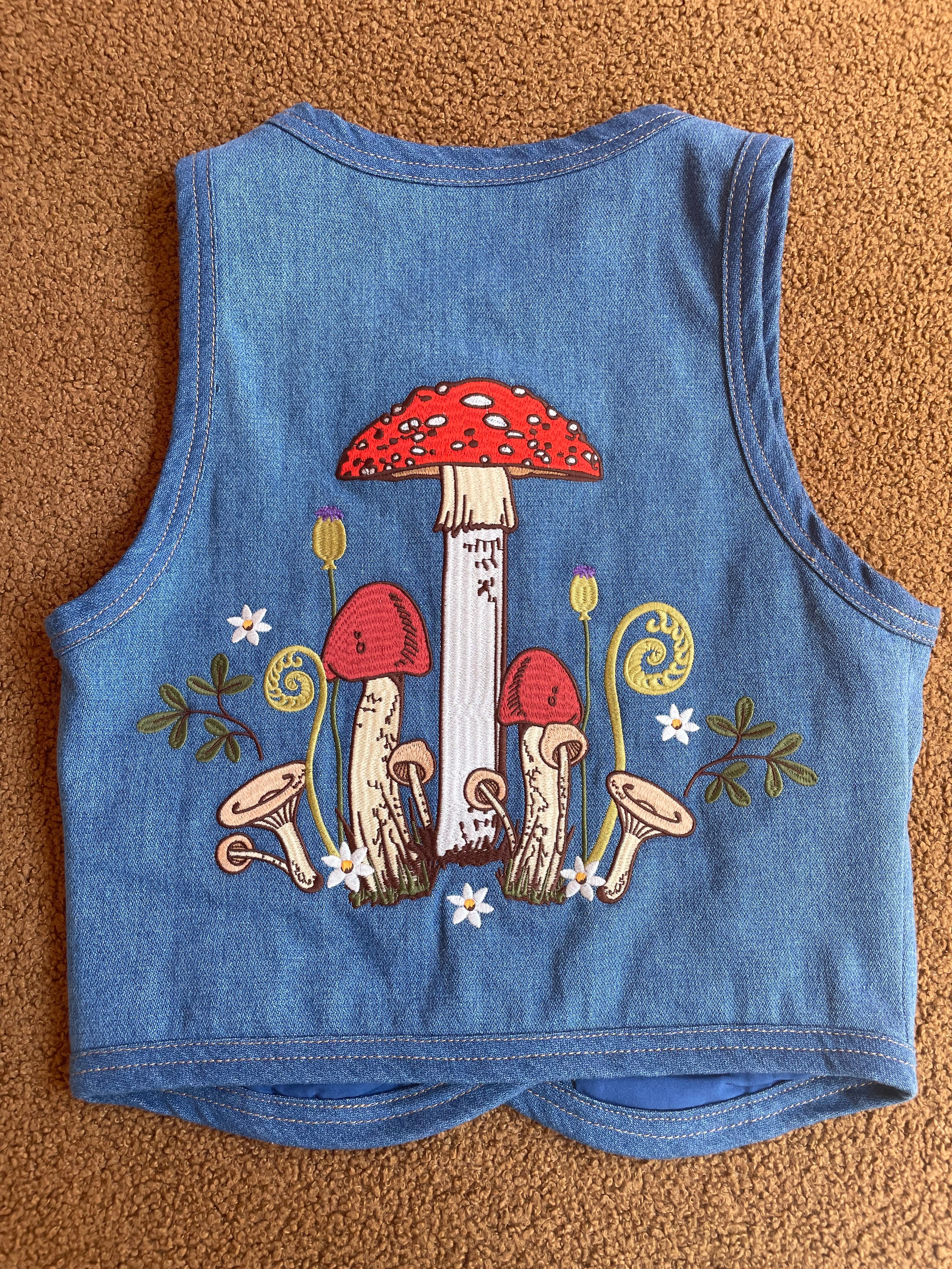 トップス Needles Denim Vest Mushroom Embroidery Magic Happens Vest - Columbia Wash – Golden Brown The Label