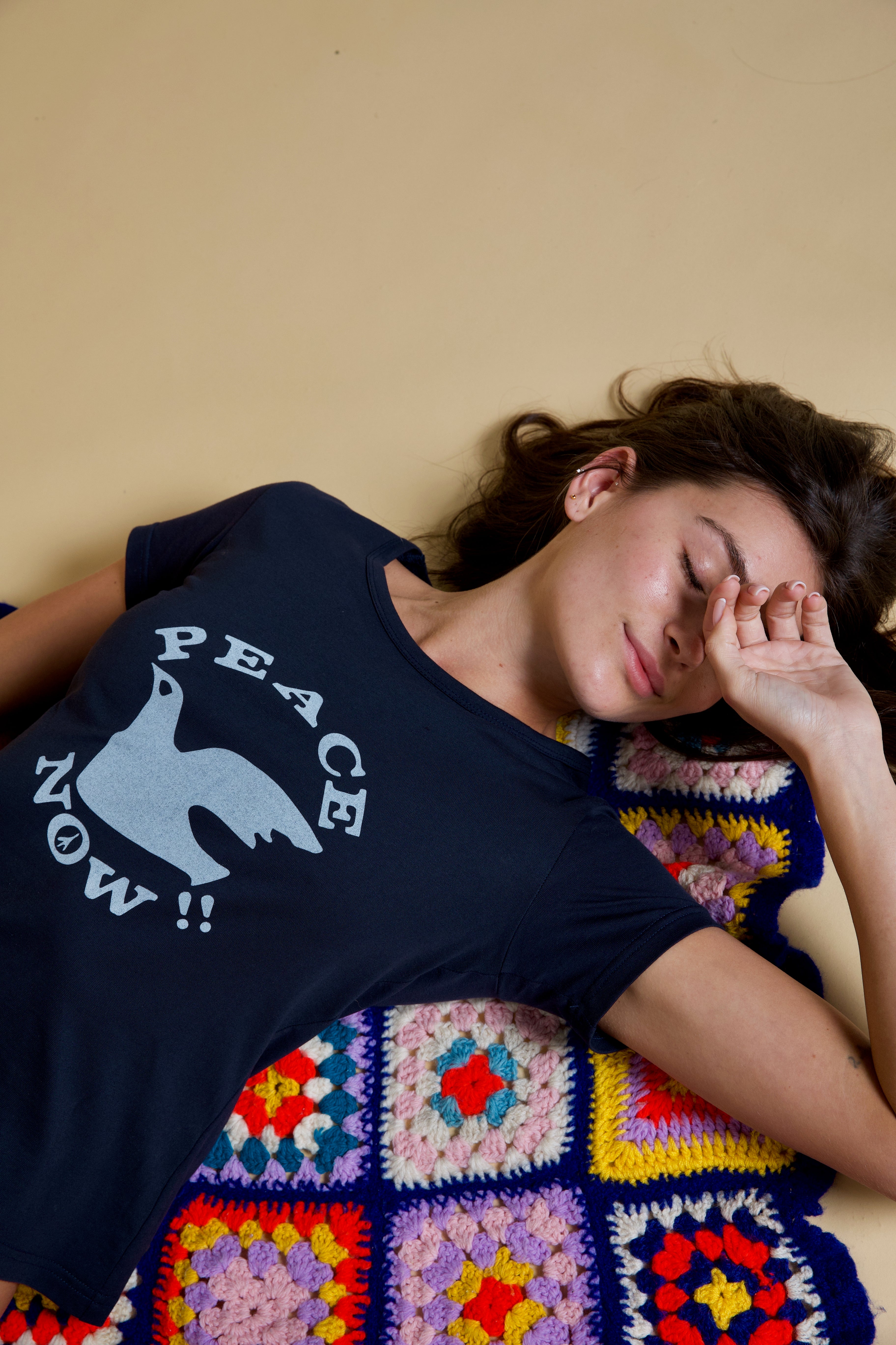 Peace Now Tee (organic cotton) ~ Navy – Golden Brown The Label
