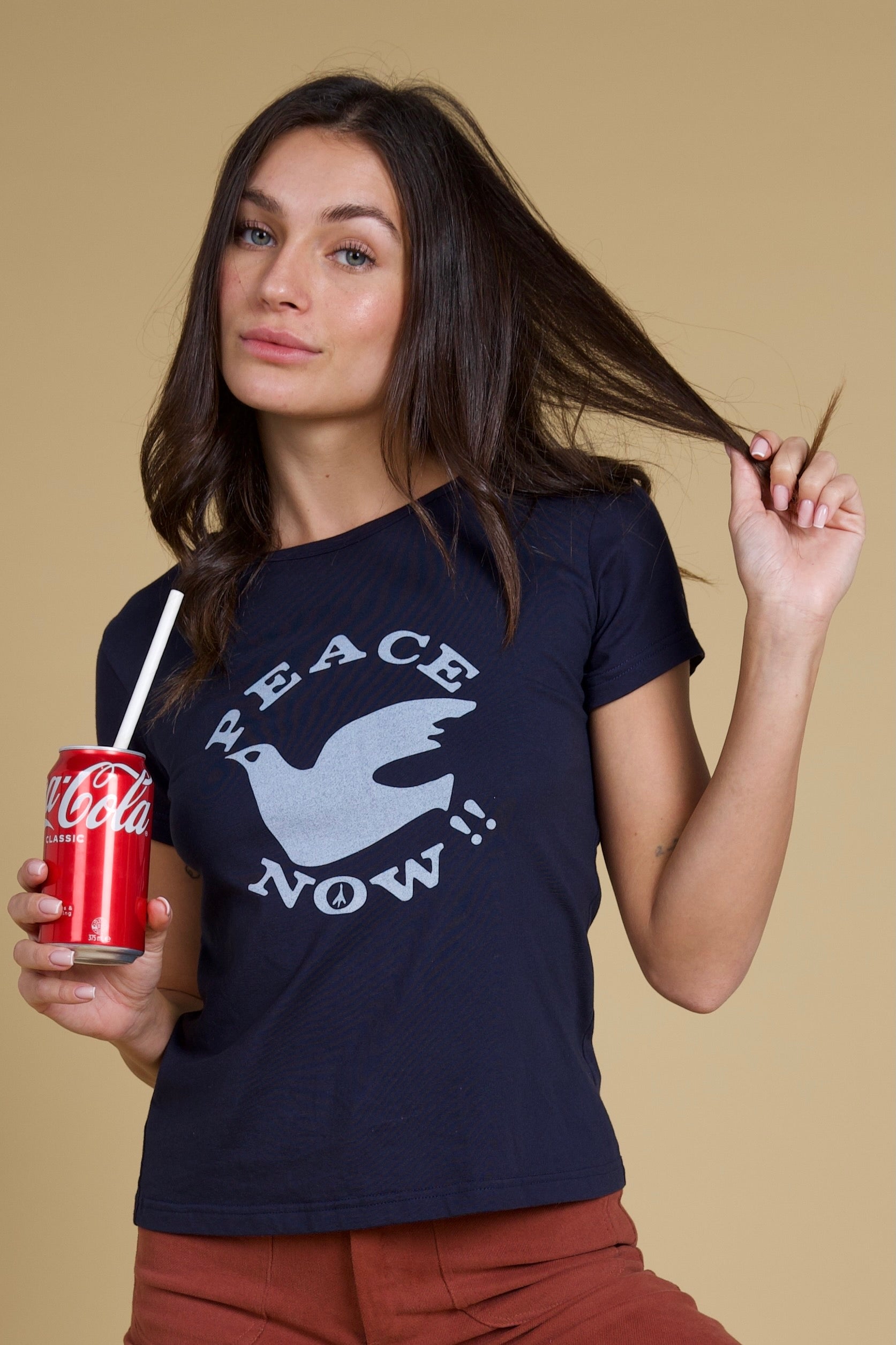 Peace Now Tee (organic cotton) ~ Navy – Golden Brown The Label